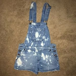 Distressed jean short overalls
